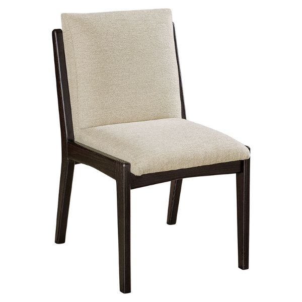 A side view of a Dubois dining chair with beige upholstery and a dark brown wooden frame.
