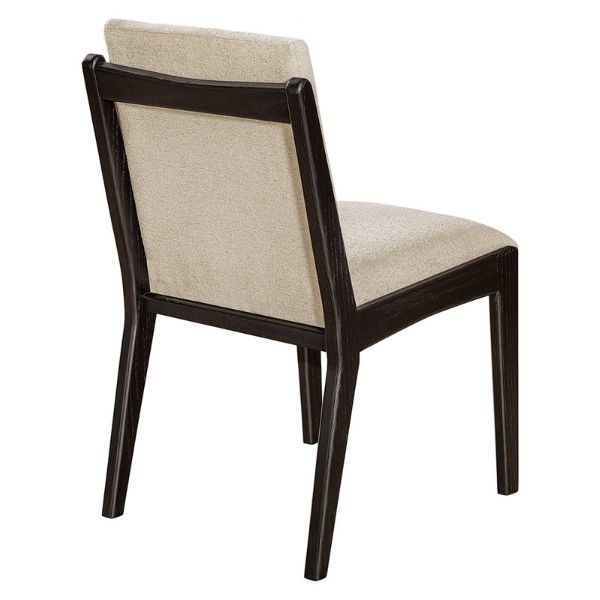 back of a beige upholstered Lebanon dining chair with solid hardwood construction, featuring dark brown legs.