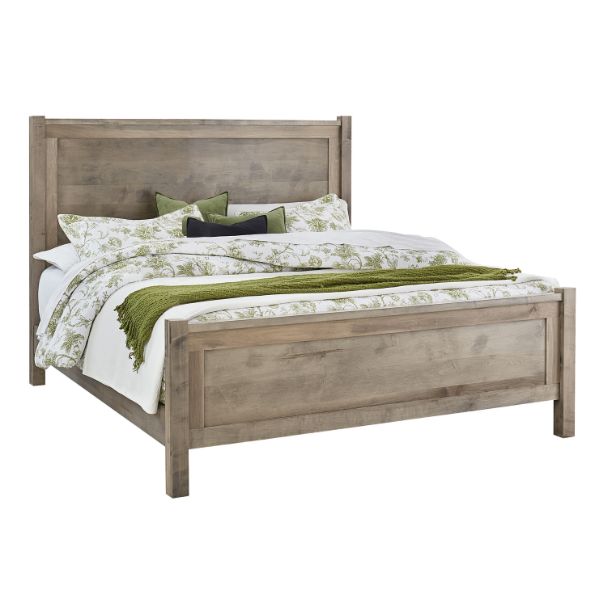 A contemporary style bed with a dark brown finish and a green and white patterned headboard.