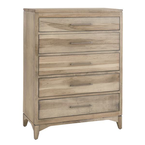A wooden chest with multiple drawers and beveled mirrors, constructed from solid hardwood and adjustable leveling glides on cases.