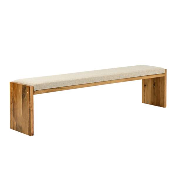 A solid reclaimed hardwood construction bench with a beige cushioned seat and backrest, and a natural wood frame.