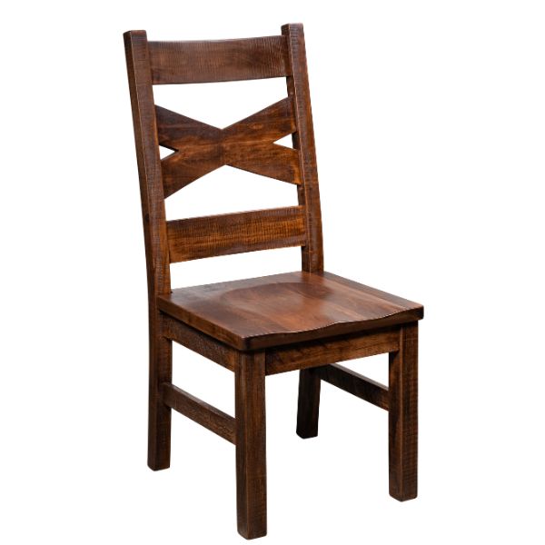 A brown Elkhorn dining chair with a wooden seat and backrest, featuring a X-crossed wooden frame.