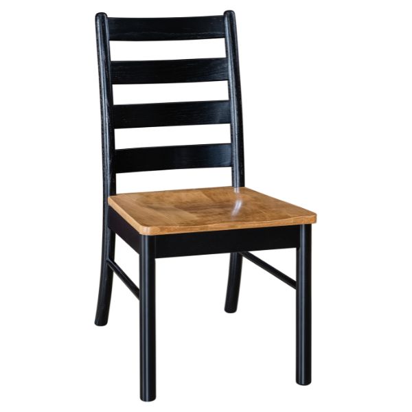 A dining chair with a contemporary ladder-back design featuring a black painted frame and a harvest stained wood seat.