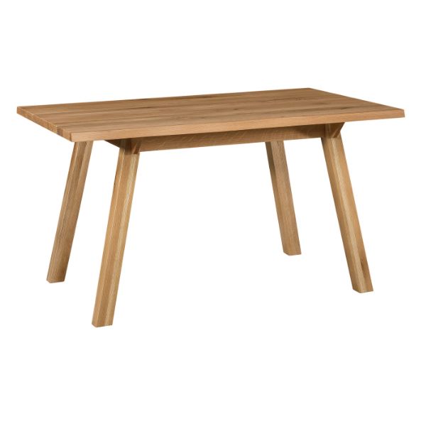 Rectangular dining table with a live edge and visible wood grain, supported by four legs, in a light brown color.