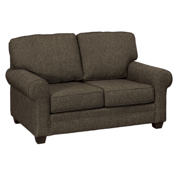 A brown loveseat with fabric upholstery, featuring a solid pattern, with brown maple legs and ebony wood accents.