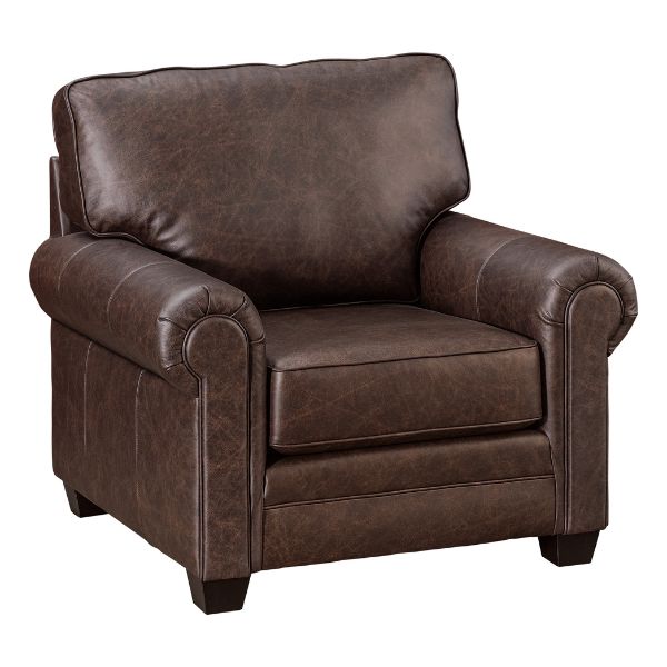 A brown upholstered arm chair with leather upholstery and wooden legs.
