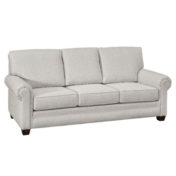 A fully upholstered Ellington sofa with fabric upholstery and wooden legs, displayed in a neutral color scheme.