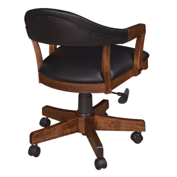 A brown upholstered dining chair with a solid hardwood construction, featuring armrests and a cushioned seat.