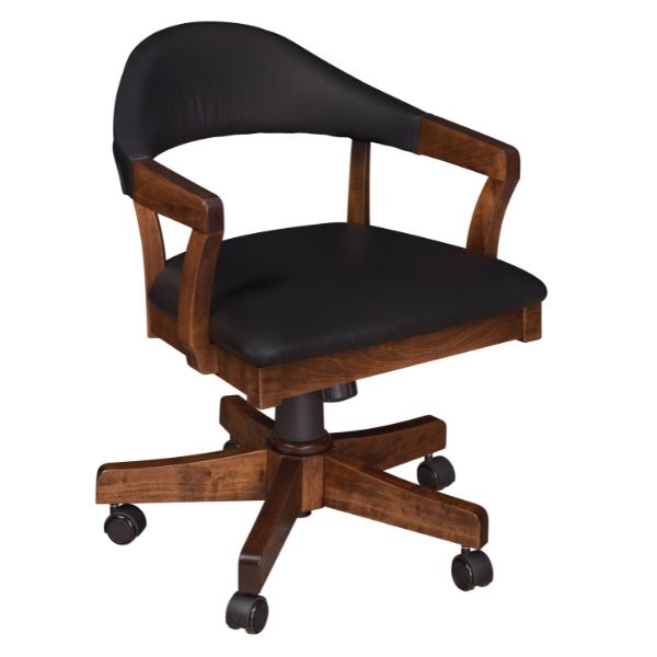 A modern style desk chair with brown wooden frame and black upholstery, equipped with wheels and a gas lift mechanism.