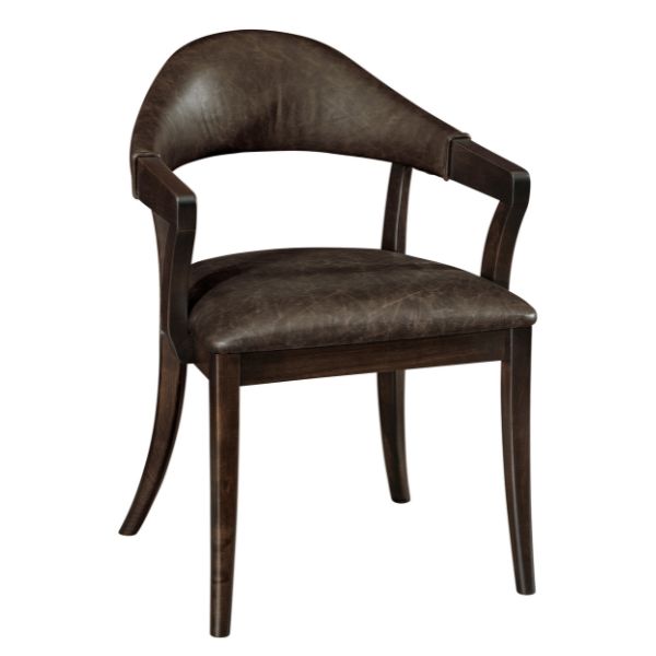 A brown upholstered dining chair with a solid hardwood construction, featuring armrests and a cushioned seat.