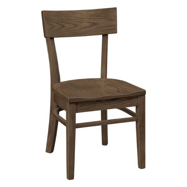 A solid wood dining chair with a full back and seat, shown in a brown oak stain finish.