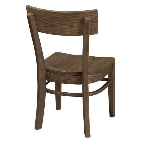 A solid wood dining chair with a full back and seat, shown in a brown oak stain finish.