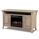 A rectangular media stand with a fireplace feature, in a wood finish with visible flames.