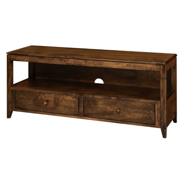A brown maple media center with short beveled edge on top, dovetail wormy maple drawers, and full inset drawer fronts.