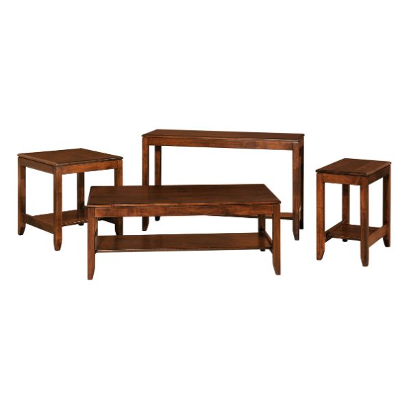 A collection of brown maple wood furniture including a narrow end table, a coffee table, and a sofa table.