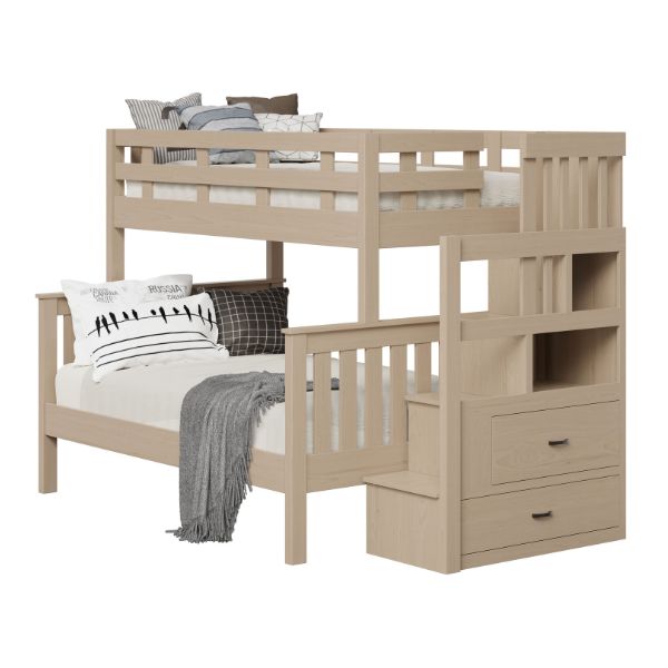 A beige bunk bed with a twin on the bottom and a full on the top, with bedding and pillows on the top bunk. The lower bunk has a staircase.