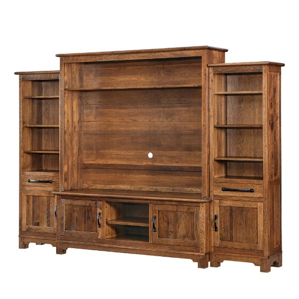 A large brown farmhouse media wall unit with multiple shelves and cabinets, featuring a rustic old wood appearance.