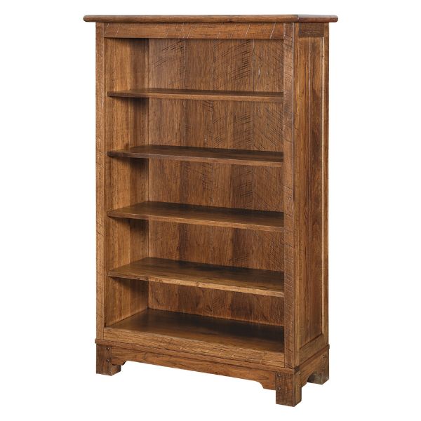 A brown farmhouse-style wooden bookcase with multiple shelves, constructed from solid wood with a textured finish.