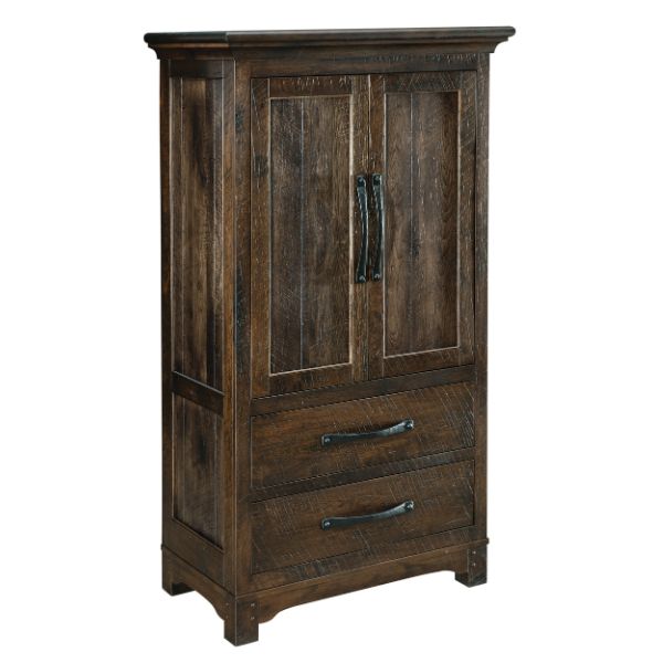 A rustic style brown wooden armoire with two doors and a drawer, featuring a molding detail on the top and applied trim on the sides.