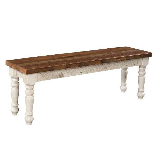 A brown farmhouse bench with a solid trestle design, made of reclaimed hardwood, with white legs.