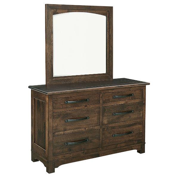A rustic style Farmhouse Dresser with a mirror, six drawers, and a solid top in a brown finish.