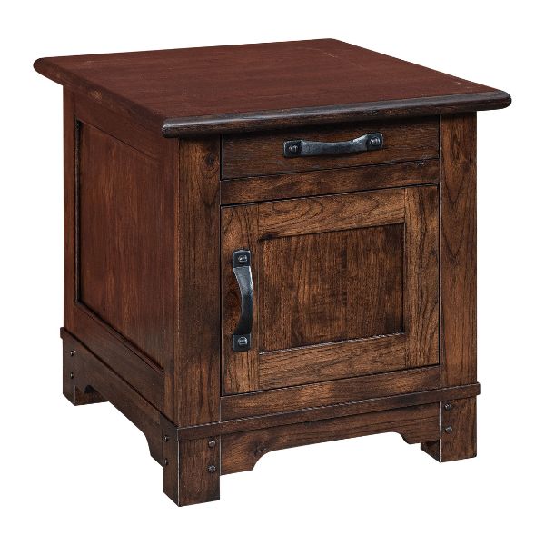 A wooden occasional table, which is an end table, with a rustic appearance and brown finish.