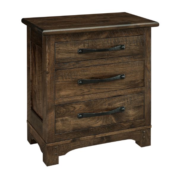 A rustic style Farmhouse Nightstand made of hickory with a flat top and three drawers with a rustic barnwood texture finish.