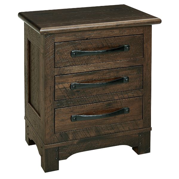 A rustic style Farmhouse Nightstand made of hickory with a flat top and three drawers with a rustic barnwood texture finish.