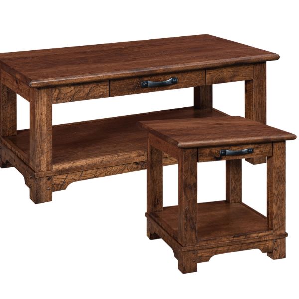 A rustic style Farmhouse coffee table and end table set, with embossed old wood appearance, soft close doors, reverse panel sides, applied molding, and full extension drawers.