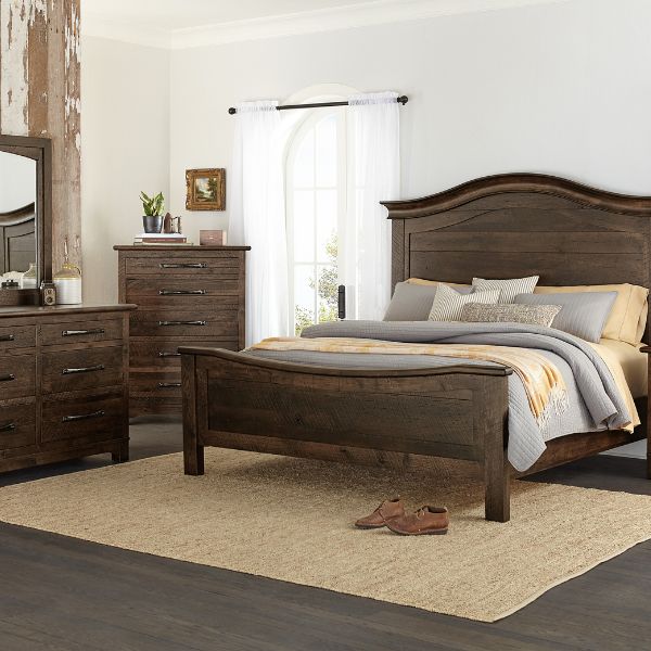 A rustic style Farmhouse bedroom set made of hickory with a flat top and three drawers with a rustic barnwood texture finish.