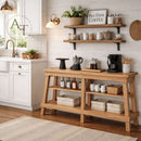 Wooden kitchen island with shelves, coffee maker, and decor in a home setting.