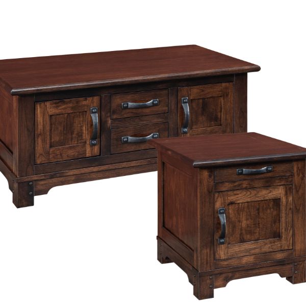 A set of two wooden occasional tables, including a coffee table and an end table, with a rustic appearance and brown finish.