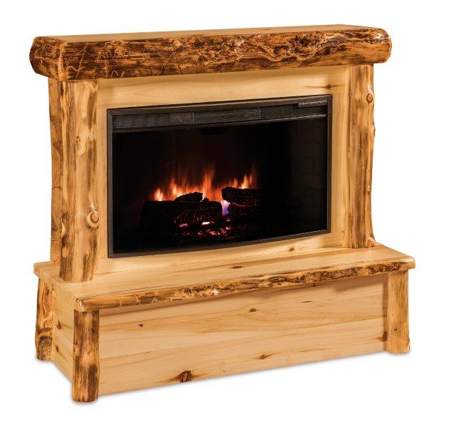 A rustic brown wooden fireplace with mantle, featuring a 3D flame effect on the screen and a realistic appearance.