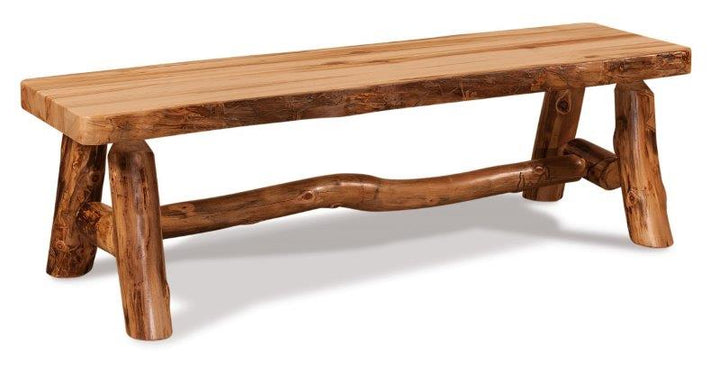 A rustic wooden bench with a flat top and live edge, made from selected wood with natural knots and patterns.