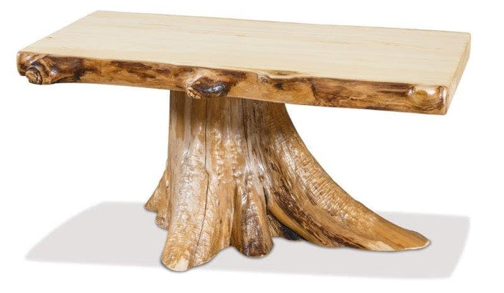 A rustic solid wood coffee table with a stump base and a clear top coat finish.