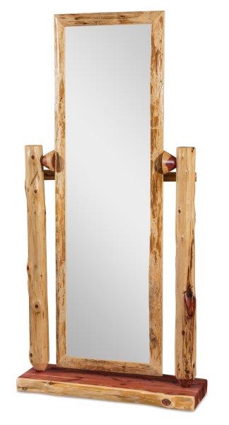 Rustic style floor mirror with a wooden frame and a clear-coated surface, showing natural wood patterns and knots.
