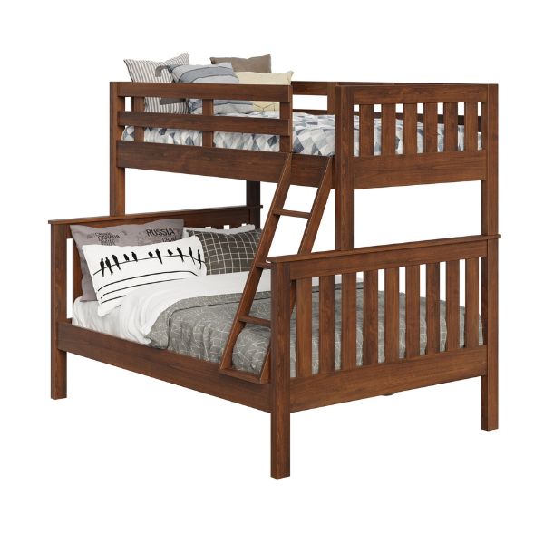 A brown bunk bed with a top full bunk and a bottom twin bunk, with bedding and pillows.