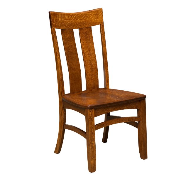 A wooden dining chair with a standard wood seat and backrest, with no visible upholstery.