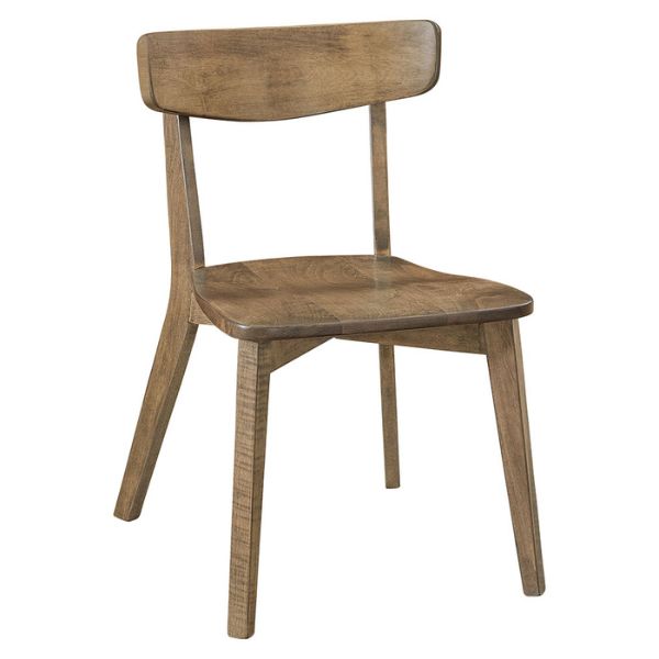 A brown contemporary styled dining chair with a wood seat and backrest, visible wood grain, and a flat seat design.