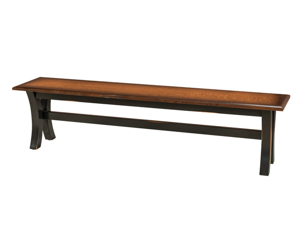 A wooden extendable bench with a brown stained top and black painted base.