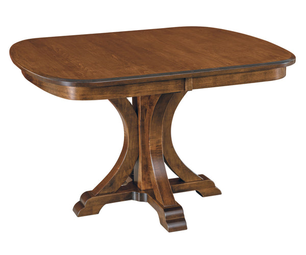 A rectangular pedestal dining table made of maple wood with a brown finish, featuring a rounded bow end and a central pedestal base.