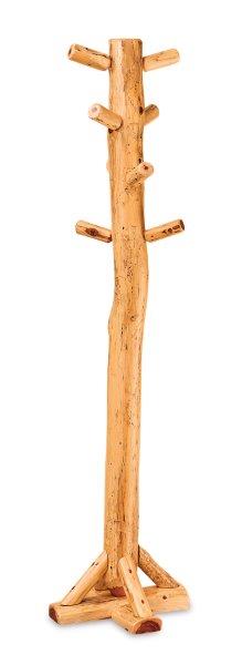 Rustic log furniture in a natural wood color, with a clear coat finish, shaped like a small tree with a single stump.