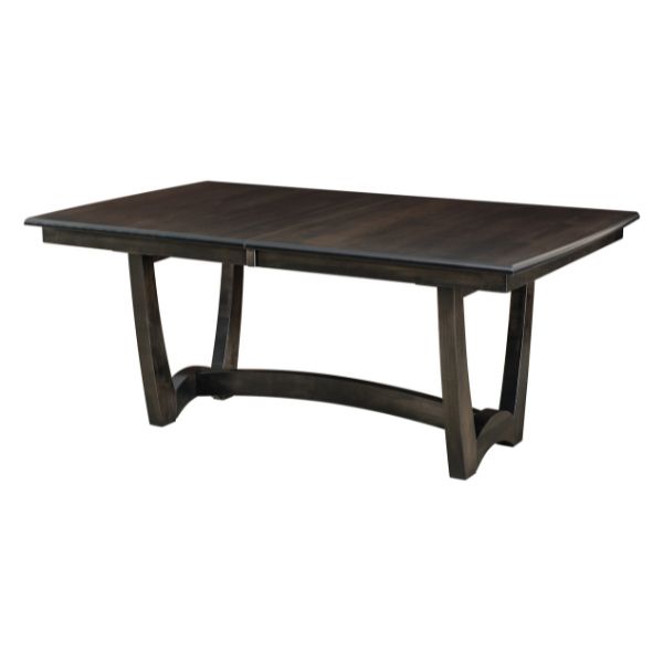 A rectangular Hannah Trestle Extension Table with a dark brown finish and a waterfall edge design on the top, supported by a trestle leg structure.