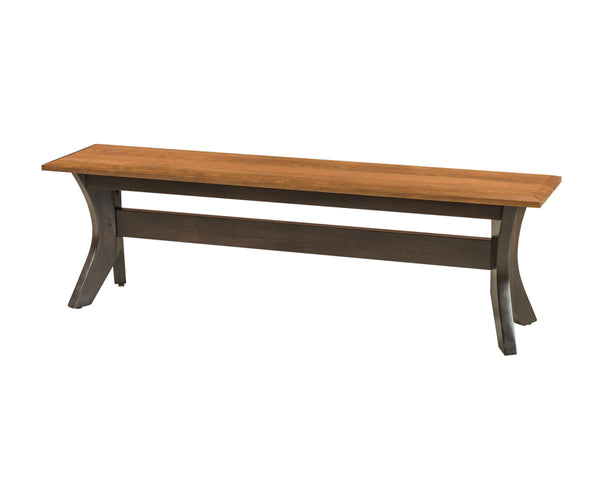 A Harper Bench with a solid top and Onyx base, featuring a 1" top with beveled edge, shown in Golden Walnut on top and Onyx on the base.