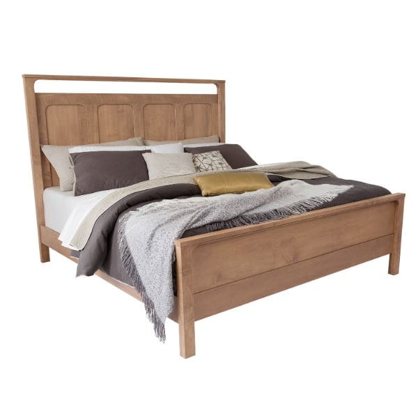 Wooden bed with bedding on a white background