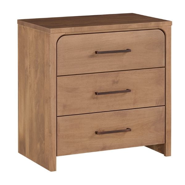 Wooden nightstand with three drawers on a white background