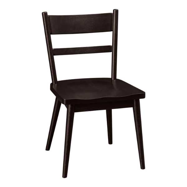 A solid wood dining chair with a dark stain finish, shown in a side view highlighting the chair's profile.