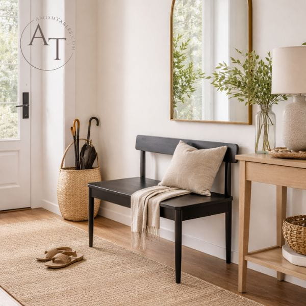 Nest interior design with a bench, mirror, and decorative items in a home setting.