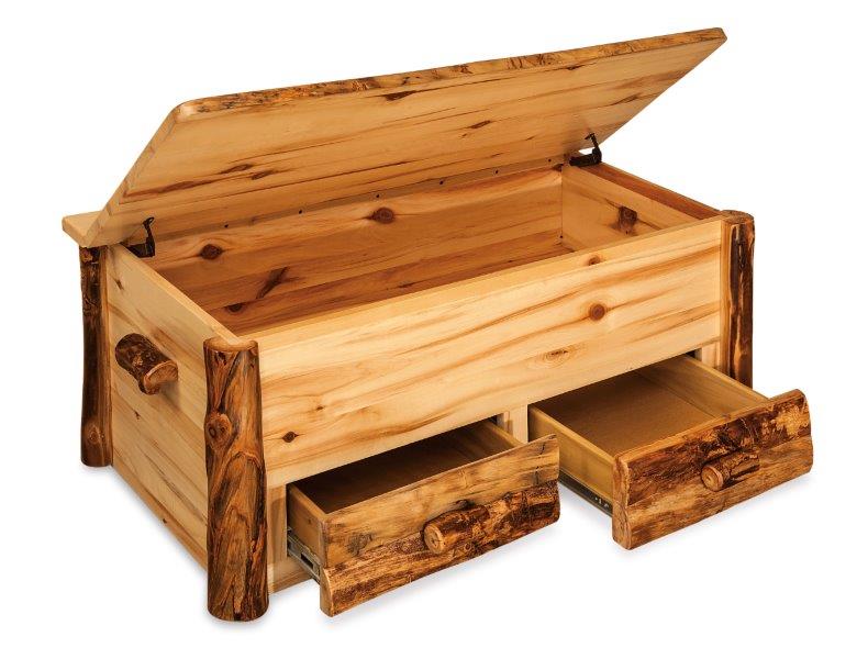 A rustic log furniture hope chest with an open lid and two drawers, sealed with a clear top coat.