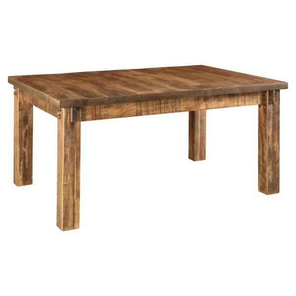 A rectangular, rustic brown maple wood table with a visible distressed edge and four square post legs.
